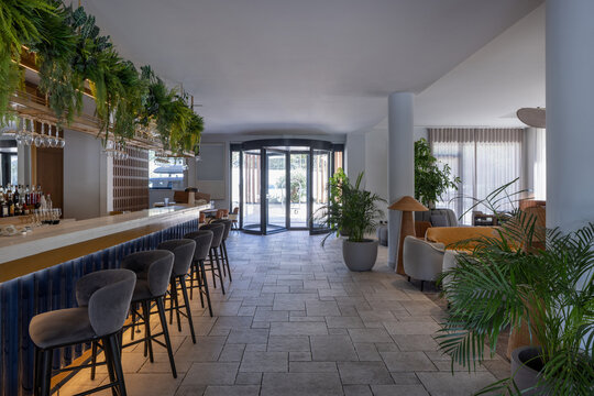 Luxury hotel reception hall with revolving door bar counter and indoor plants