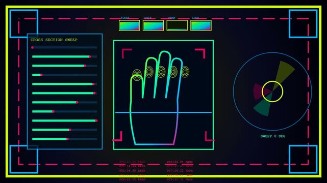 A biometric validate process showing digital hand scanning sequences displayed on a futuristic interface with bright neon lines and graphical charts moving across multiple screen panels