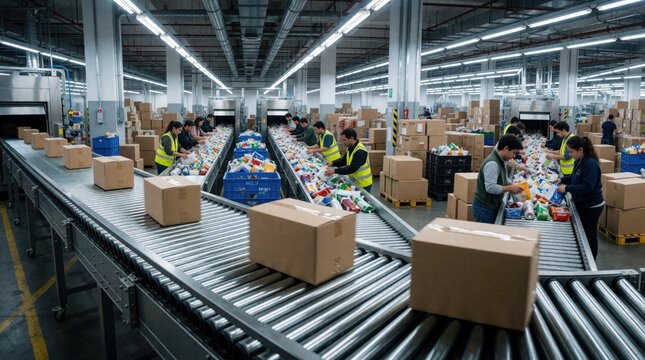 Workers sort returned goods on conveyor belts in large circular economy warehouse. Team manages reverse logistics for recycling, remanufacturing process. Industrial staff handle consumer products in
