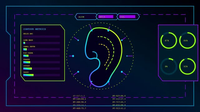 Digital biometric validate scan displays neon ear silhouettes on a dark interface screen showing active data processing metrics in a triple frame sequence motion graphic