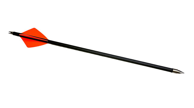 Isolated modern carbon fiber arrow with bright orange fletching and sharp metal tip.