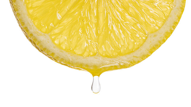 Isolated close-up of a vibrant, fresh lemon slice, a single juice drop descending naturally