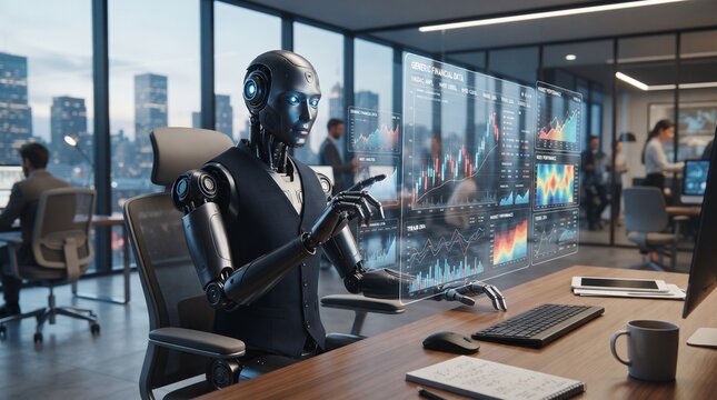 Humanoid robot wearing a vest analyzes complex financial market data holographic
