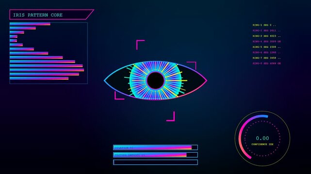 Digital biometric validate scan process displaying colorful iris patterns on a dark interface screen showing animated graphs and data metrics in a virtual computer environment