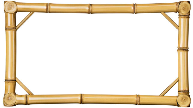 Isolated rustic natural bamboo rectangular frame with corner details, decorative Asian border