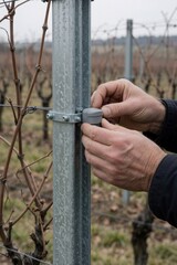 Obraz premium Close up of Caucasian male hands installing smart sensor on metal post in vineyard. Technician attaches electronic device to galvanized steel pole for agriculture monitoring. Pro worker performs