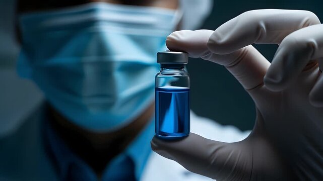 A medical professional in a mask and gloves holds a vial containing a blue liquid for pharmaceutical research.