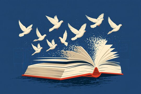 White doves fly from an open book spreading knowledge. Education expands imagination and fosters creativity. Learning liberates the mind and inspires new ideas