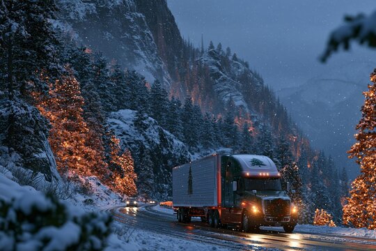 Commercial semi truck drives along winding mountain highway through winter landscape. Large freight semi truck navigates snow covered alpine pass during winter storm