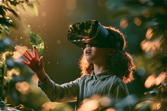 Child explores reality in nature setting. Young person wears VR headset interacting with digital elements. Immersive metaverse experience for education and entertainment