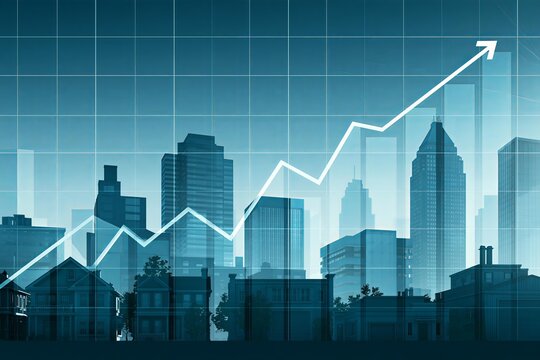 Financial growth chart superimposed on urban cityscape panorama. Economic progress visualized with rising trend line. Business success and investment opportunity