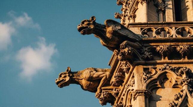 Stone gargoyle statues on gothic building exterior under blue sky. Ancient stone carvings decorate historical cathedral architecture at sunset. Winged monster sculptures jut out from old monument