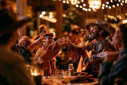 Man with guitar plays song while toasting drinks at table. Friends gather at a rustic venue with musicians performing. People enjoy live music and drinks together at night