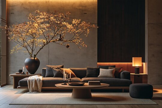 Elegant sofa and coffee table are arranged with decorative branches and candles. A modern living room features a textured wall and warm ambient lighting