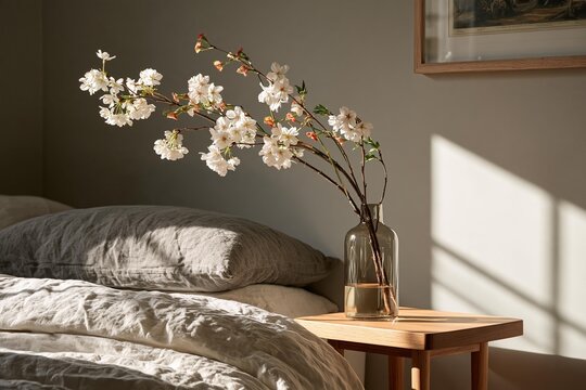 White cherry blossoms in a glass vase on a bedside table. Soft sunlight casts shadows across the wall and linen bedding