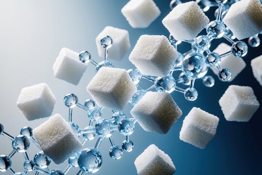 3D render of sugar cubes, molecular structure floating in blue space. White crystalline cubes connect with transparent chemical atoms. Concept for glucose metabolism, biochemistry research, nutrition