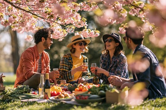 Four friends enjoy spring picnic beneath blooming cherry trees in park. Young adults drink wine and eat food surrounded by pink blossoms. Group socializing outdoors during seasonal celebration