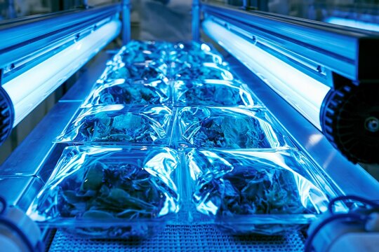 Food items sealed in clear plastic packaging move on a conveyor. Automated line processes and inspects sealed food products. Industrial facility ensures product quality and safety standards