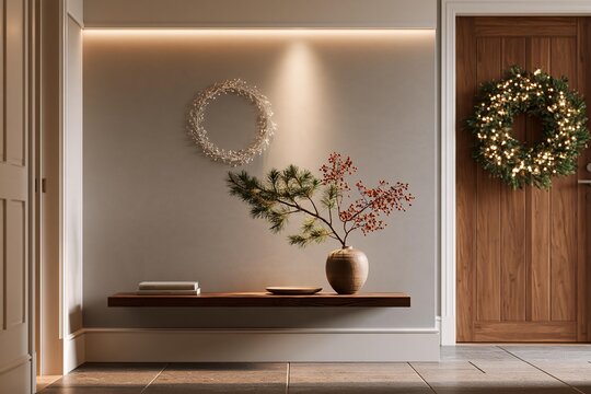 Christmas wreath hangs on wooden door near entryway shelf. Decorative festive foliage displays on wall