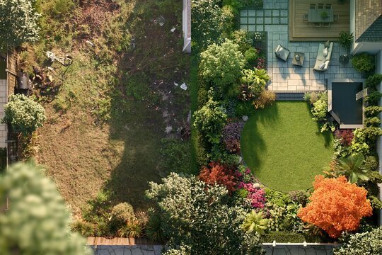 Landscape architecture split comparison shows yard transformation. Unkept overgrown backyard changes into modern patio garden. Landscape designer plans green lawn and stone deck renovation