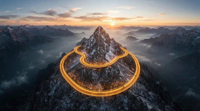 Mountain peak aerial photo with glowing circular road and dramatic sunset lighting
