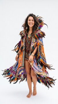 Bohemian woman in colorful ornate cape with feathers dancing on white background