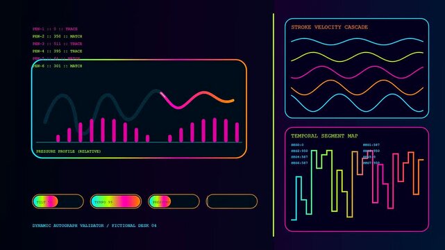 Complex digital biometric validate interface showing moving wavy neon lines and segmented graphs on a dark screen panel for advanced data monitoring and system analysis