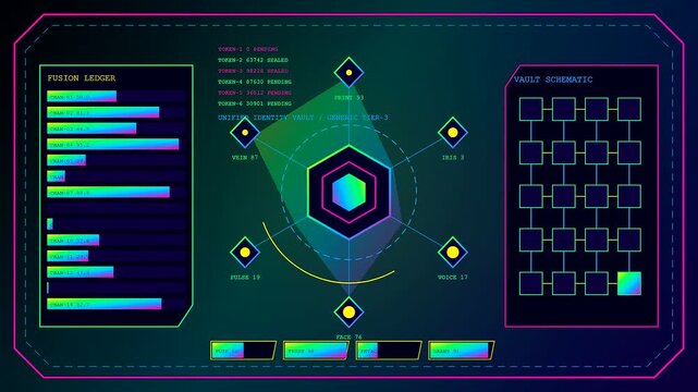 A biometric validate interface displays cascading digital data streams on multiple screens featuring hexagonal charts glowing neon grid lines and complex software panel readout schematics