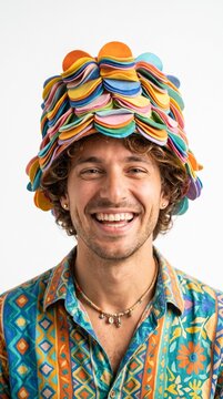 Joyful Man Wearing Colorful Felt Flower Bucket Hat and Patterned Shirt