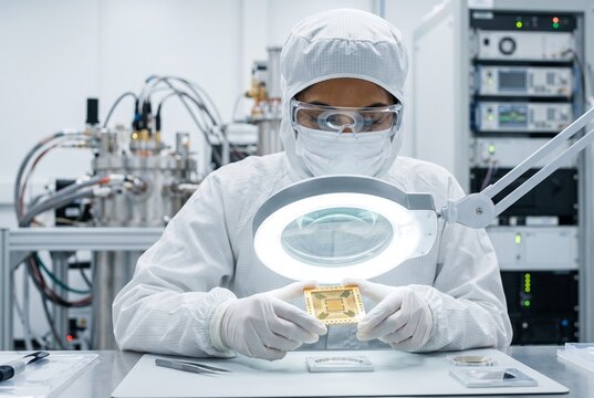 Scientist Inspecting Quantum Component