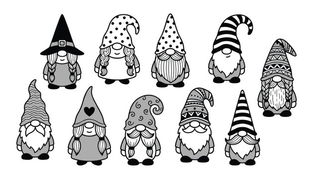  Halloween and Christmas gnomes vector silhouettes set cute Scandinavian tomte dwarfs isolated line art illustrations for holiday crafts
