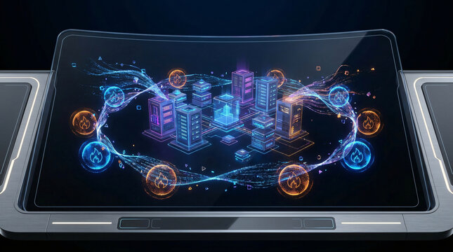 Cybersecurity threat detection digital dashboard monitoring network server firewall security status encryption data stream visualization software interface high tech protection concept