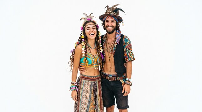 Joyful Bohemian Couple Embracing Festival Fashion with Colorful Outfits and Accessories