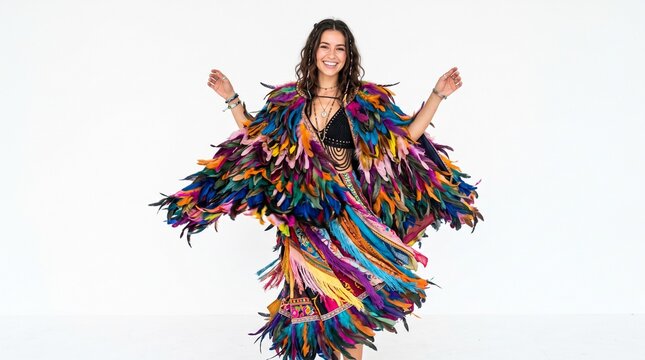 Joyful woman in vibrant colorful feather costume dancing with arms outstretched against a white background
