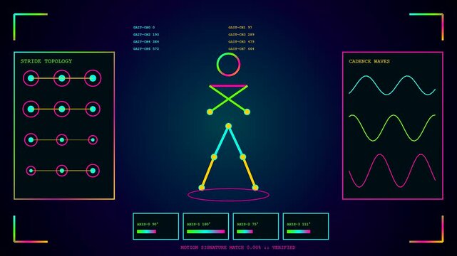 the biometric validate system monitors human skeletal motion on a digital screen featuring glowing colorful line wave charts and geometric node patterns for analysis