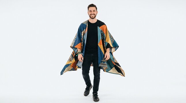 Stylish man wearing a colorful geometric pattern kimono jacket and black jeans walking forward