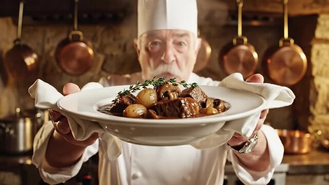 French chef prepares Beef Bourguignon with thyme in a kitchen setting