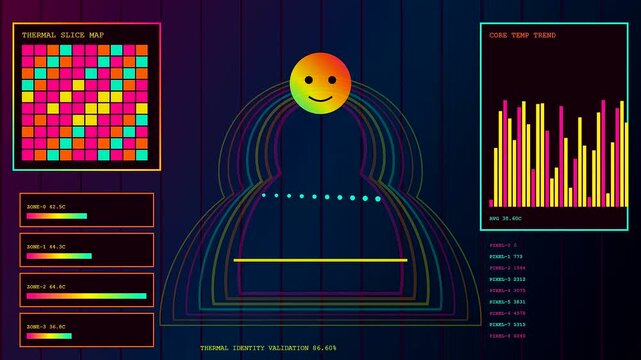 A biometric validate process display showing colorful graphical interfaces with glowing light nodes and abstract monitoring patterns moving across a dark grid style virtual monitor screen