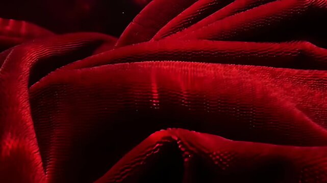 Red plush fabric with folds and iridescence moves softly under light in a close-up view