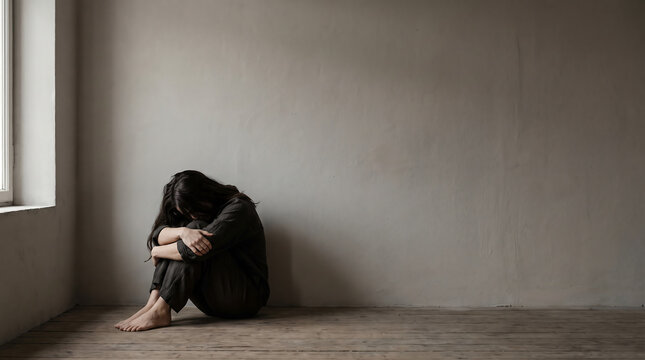A lonely woman sitting in the corner of a dark room struggling with sadness and emotional distress in a moment of deep depression and solitude