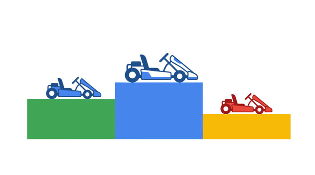 Three go-kart icons arranged on a colorful winner's podium for racing competition illustration. Set of generic small motor racing vehicles on victory stand for sports graphics.