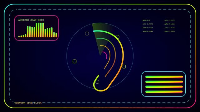 the biometric validate digital ear scanner display cycles through vibrant neon color bars and glowing circular radar graphics on a dark computer monitor interface screen layout