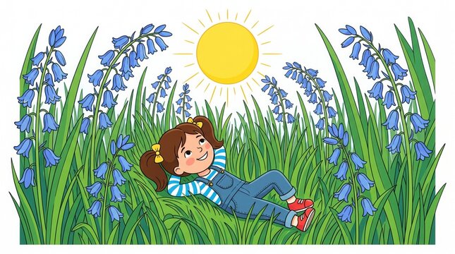 Happy Little Girl Relaxing in a Sunlit Field of Bluebell Flowers During a Bright Spring Day Vector Illustration