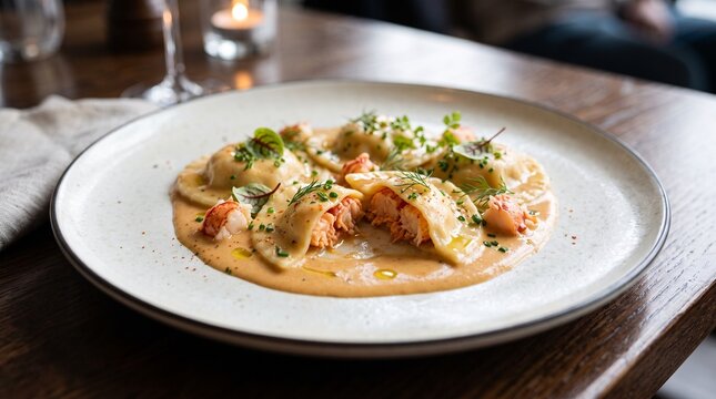 Gourmet Lobster Ravioli with Creamy Bisque Sauce and Fresh Herbs Garnished with Microgreens and Dill
