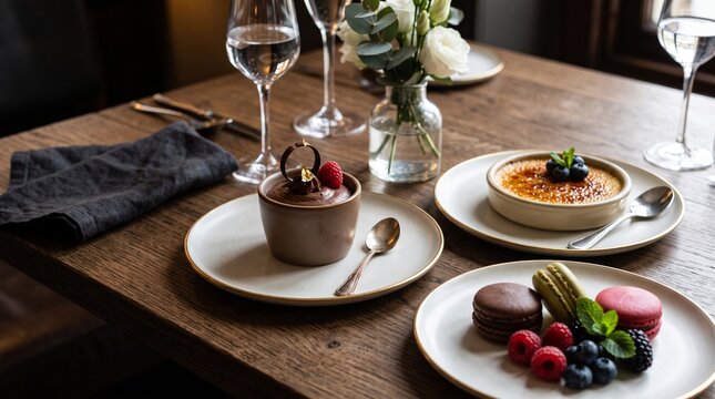 Gourmet Desserts Served on a Wooden Table with Flowers and Wine Glasses