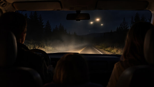 Passengers watch mysterious UFO lights from a car on a dark road