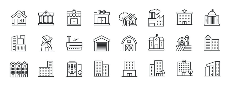 Building and city thin line icons. For website marketing design, logo, app, template, ui, etc. Vector illustration