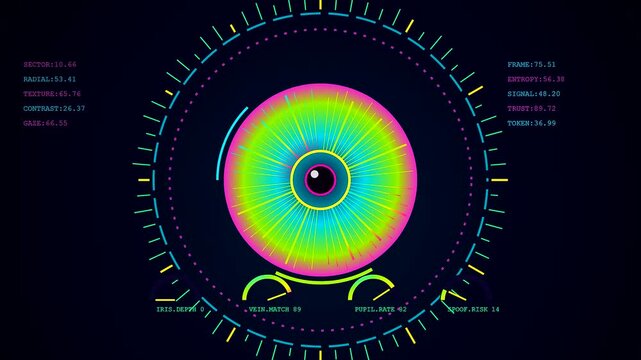 A biometric validate process displays intricate ocular patterns with neon luminous circles while digital metrics shift rapidly across a dark virtual screen interface dashboard environment
