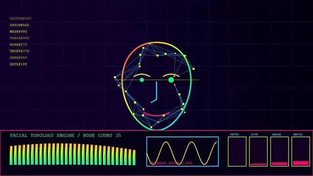 A biometric validate process showing digital facial mapping analysis on three screens with data charts and graphs displaying nodes and vector lines in dark space