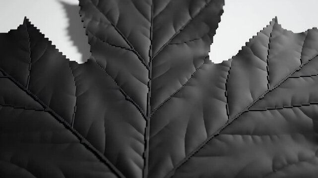 A solitary black maple leaf silhouette resting on a pale gray studio background
